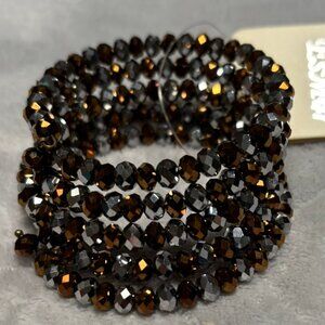 Brown And Silver faceted Glass Bead Spring Coil Bangle Bracelet